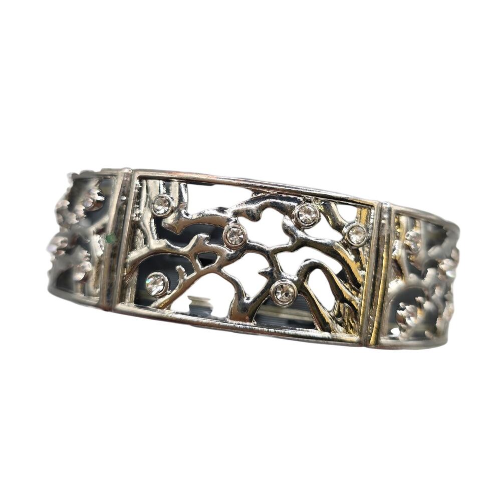 Bracelet Stretch 7.5" Filigree Branch Nature Theme Silver Tone Rhinestone SKU286